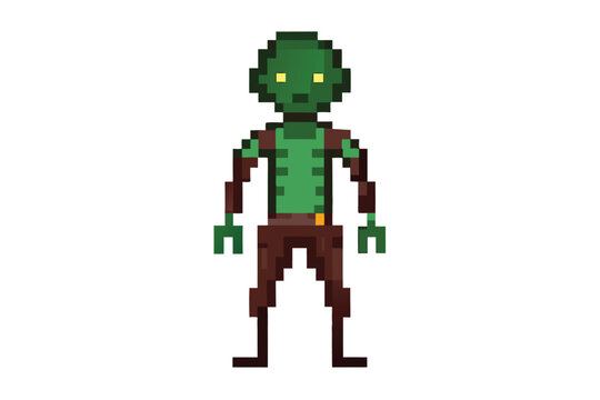 Pixelated green zombie is standing up straight, with yellow eyes showing eeriness