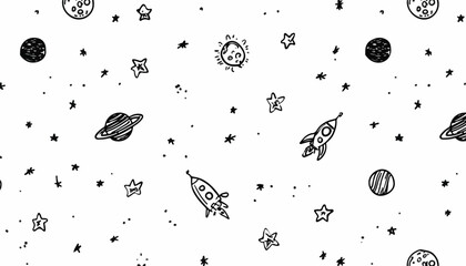 手描き風のロケット、惑星、星が描かれた白黒の宇宙シームレスパターンのベクター背景素材。
