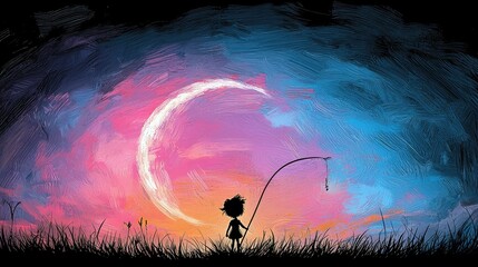 A child stands in silhouette on grassy ground, holding a fishing rod with a small fish on the line, beneath a large crescent moon and a vibrant, painterly sky.