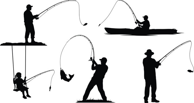 Set of black silhouettes, collection of people fishing, fisherman standing on dock, man in kayak, child on swing with rod, catching fish, isolated vector illustration.