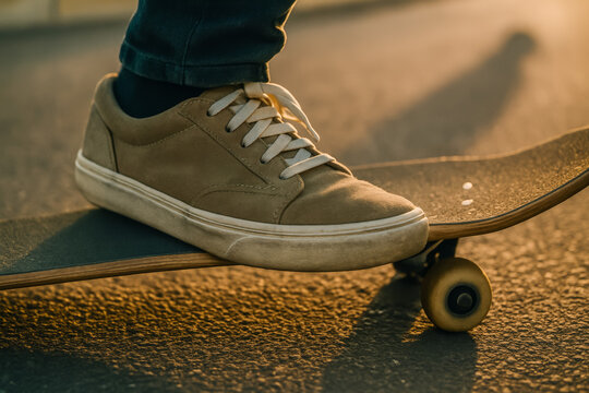 Close-up of skateboarding shoe on a skateboard at sunset