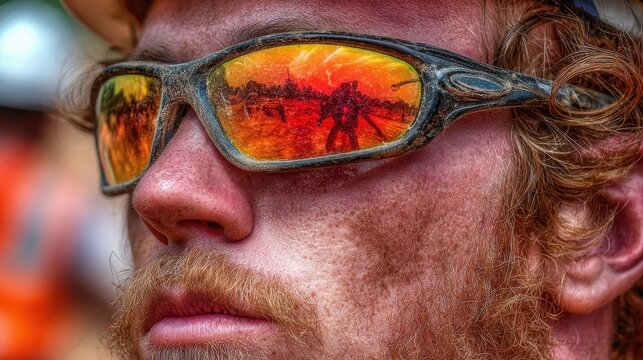 A man wears sunglasses, reflecting an outdoor scene with a human figure and a setting sun, highlighting the contrast between work and personal life.