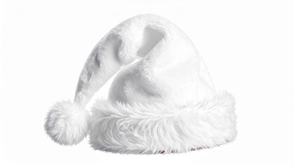 A cozy, white knitted Santa hat with fluffy trim resting on fresh snow, with soft bokeh Christmas lights and snowy trees in the blurred background under a dark sky. (189 characters)