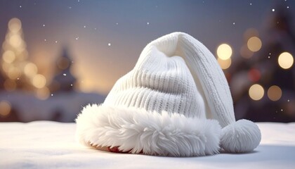A cozy, white knitted Santa hat with fluffy trim resting on fresh snow, with soft bokeh Christmas lights and snowy trees in the blurred background under a dark sky. (189 characters)