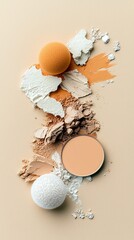 A flat lay composition of scattered makeup products including powder, foundation, and sponges, arranged on a plain background.