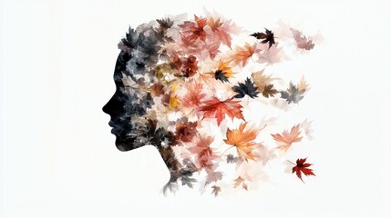 A profile silhouette of a woman's head filled with a collage of colorful autumn leaves.