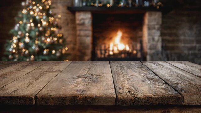 Empty wooden tabletop in foreground with blurred background of stone fireplace with burning fire and glowing decorated Christmas tree