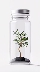 A small, healthy green plant with a brown stem is growing in a clear glass jar filled with dark soil and pebbles, topped with a silver lid.