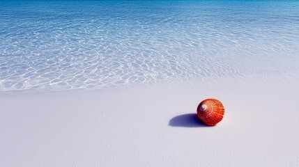 A solitary orange seashell sits on a white sandy beach with clear blue water gently lapping the shore.