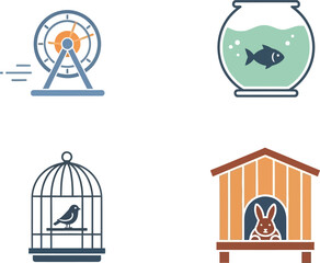 Small Pet Icons Hamster Wheel, Fishbowl, Bird Cage, Rabbit Hutch