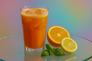 Fototapeta premium Refreshing orange juice with lemon and basil on glass table