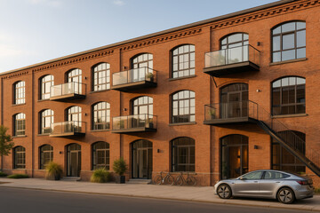 Obraz premium Modern brick building with balconies and urban surroundings