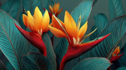 Exotic bird of paradise blooms with green leaves in natural setting