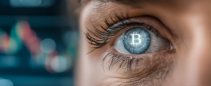 Eye with bitcoin symbol depicting cryptocurrency investment and analysis