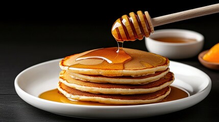 A close-up shot shows a stack of fluffy pancakes being generously drizzled with golden honey from a wooden dipper, served on a white plate.