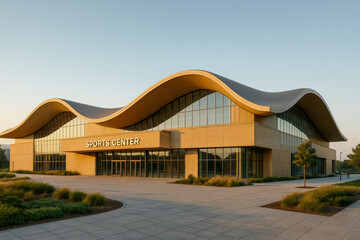 Modern sports center with unique wave-shaped architecture at sunset