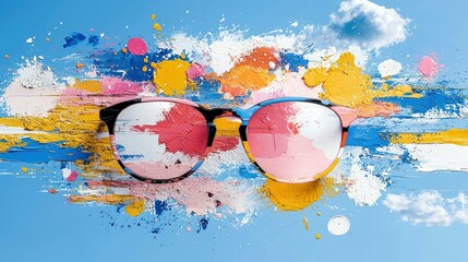 A pair of black-rimmed eyeglasses is positioned in front of a vibrant, abstract splash of colorful paint, set against a clear blue sky with scattered clouds.