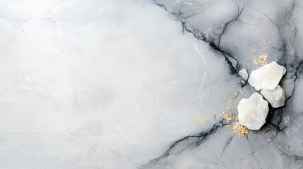 A close-up overhead view of three rough, white mineral stones and a small pile of golden powder on a marbled surface with prominent black veins.