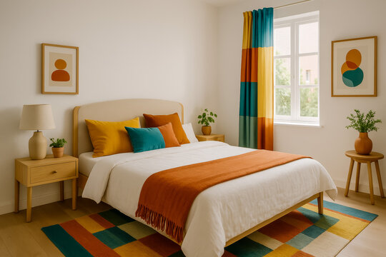 Cozy modern bedroom with colorful decor and natural elements - Powered by Adobe