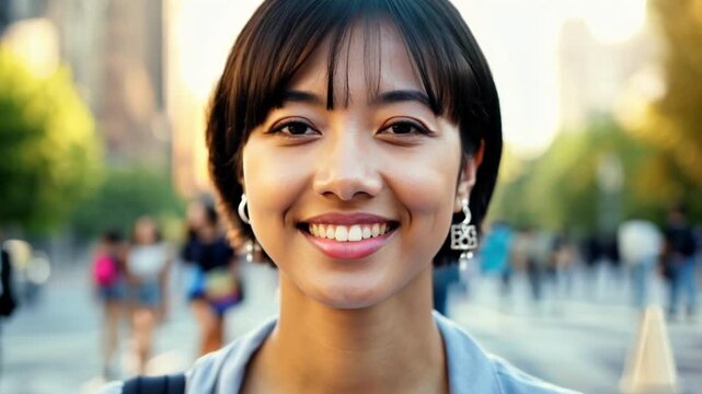 A cheerful young woman smiles at the camera while the background shifts across five frames showing people walking in a sunny urban street creating a warm friendly daytime atmosphere