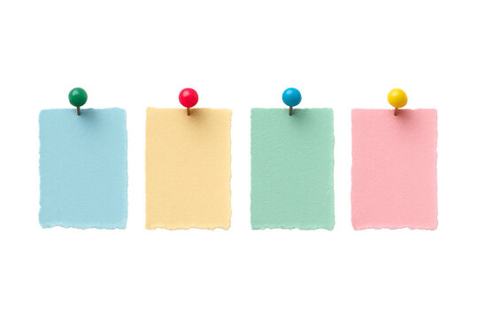 Set of paper notes on pins. Paper notebook sheets with pins vector collection for design.