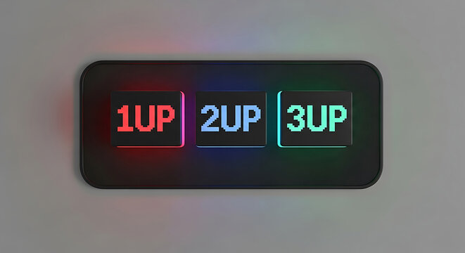 Illuminated Arcade Style Buttons Displaying 1UP 2UP and 3UP in Retro Pixel Art Design