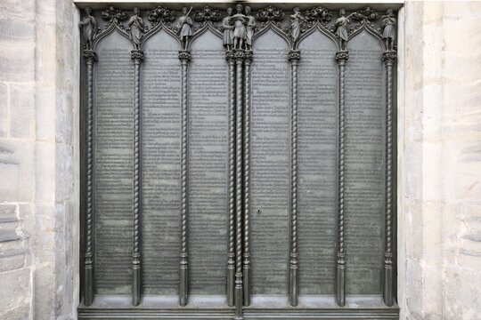 All Saint Church or Castle Church, Theses door where Martin Luther posted in Latin his 95 theses, Luther City Wittenberg, Saxony Anhalt, Germany