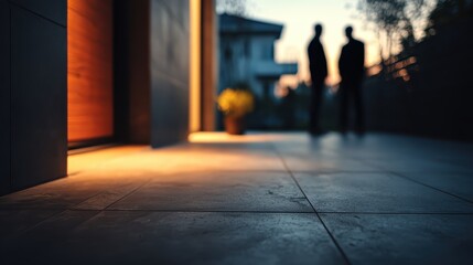 Exterior view of a building with warm lighting, featuring two figures silhouetted against the evening sky, and a close-up of the floor tiling.