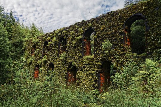 Historic moss-covered aqueduct Muro das Nove Janelas with 9 arched windows in the middle of the forest, crater circular hiking trail, Caldeira das Sete Cidades, Muro das Nove Janelas, Sao Miguel, Portugal