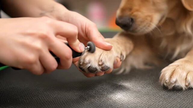 A person uses a rotary tool to trim the nails of a golden retriever's paw on a table
