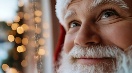 A heartwarming close-up of Santa smiling gently as he gazes out of a window, capturing the warm feelings and nostalgic memories of the Christmas season.