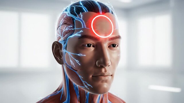 3D Animation of Asian Man's Head Anatomy with Highlighted Forehead Showing Blood Vessels and Muscles for Medical Educational Purposes