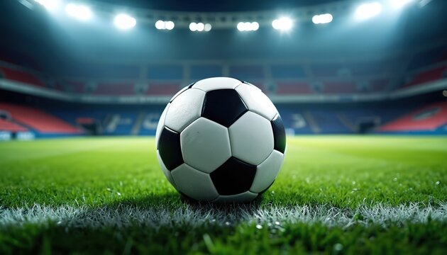 Soccer ball rests on green grass pitch under stadium lights. Empty arena seats in background. Evening game preparation. Professional sports event anticipation. Athletic competition readiness.