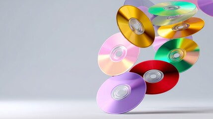 A collection of colorful CDs are floating in the air. The CDs are of various colors and sizes, creating a visually appealing and dynamic scene. Concept of creativity and artistic expression