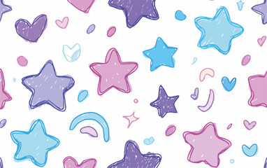 パステルカラーの星とハートが描かれた、手書き風で可愛らしいシームレスなベクターパターンの背景素材。