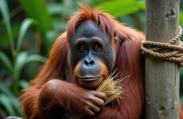 Fototapeta premium Orangutan with orange fur and dark face sits looking forward, holding dry grass bunch. This primate rests near wood post with rope, green jungle plants background.