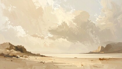 Vast, sun-drenched desert landscape with calm water reflecting the soft, cloudy sky, subtle rock formations, and a serene, muted color palette, digital painting. (188 characters)