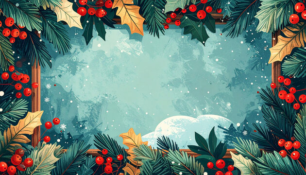 Winter holiday frame with pine branches and red berries surrounding snowy blue background, evoking festive and cozy seasonal atmosphere