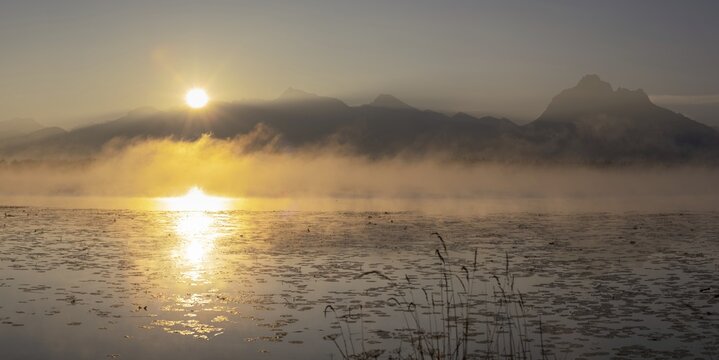 Sunrise at Lake Hopfensee near F&uuml;ssen, behind Hopfen am See, the Tegelberg massif and the S&auml;uling, Ostallg&auml;u, Allg&auml;u, Upper Swabia, Swabia, Bavaria, Germany