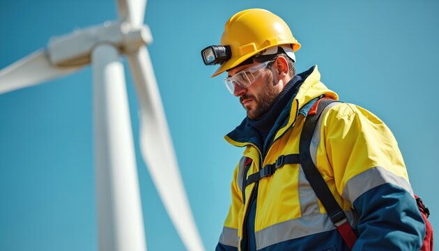 Man in yellow jacket hard hat wears safety glasses. He works on wind turbine farm. Technician checks equipment. Pro engineer inspects windmill part.