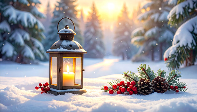 Winter lantern with candle glowing warmly in snow surrounded by pine cones, red berries, and evergreen branches during peaceful sunset in snowy forest