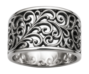Wide band knuckle ring featuring an elaborate filigree design.
