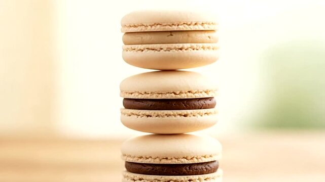A stack of three beige macarons with chocolate and caramel filling on a wooden table