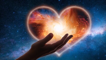 a hand reaches out to a heart shaped nebula in a vast cosmic expanse