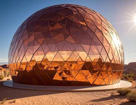 Futuristic dome building with geometric, copper facade in desert landscape - Powered by Adobe