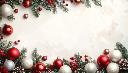 A festive Christmas border featuring snow-dusted green pine branches, red and white baubles, holly berries, and pinecones, framing a bright, textured white background. (186 characters)