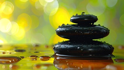 Close-up of three wet, stacked black spa stones on a reflective surface, covered in water droplets, with a lush green and yellow background of bokeh light. (188 characters)