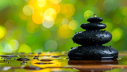 Close-up of three wet, stacked black spa stones on a reflective surface, covered in water droplets, with a lush green and yellow background of bokeh light. (188 characters)