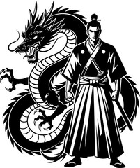 Dragon wear yudo suits. Japan Martial Arts Judo Aikido Dojo Budo Clipart Line Art Vector Illustration. Mythical creature garment uniform for oriental combat practice, Samurai Warrior with Dragon
