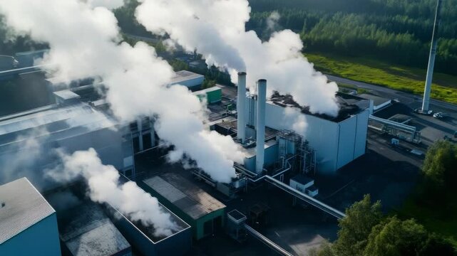 Industrial Emission: An aerial view of a factory, billowing smoke and steam from its chimneys into the atmosphere, raising questions of environmental impact and industry's role in the world.